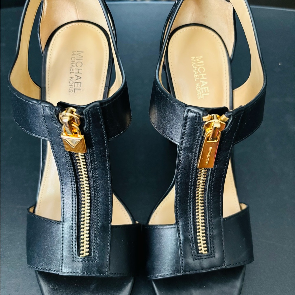 Michael Kors Black and Gold Zipper Heels with Elegant Cut-Out Design